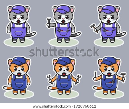 Vector illustration of cute Cat Mechanic. Cute Cat expression character design bundle. Good for icon, logo, label, sticker, clipart.