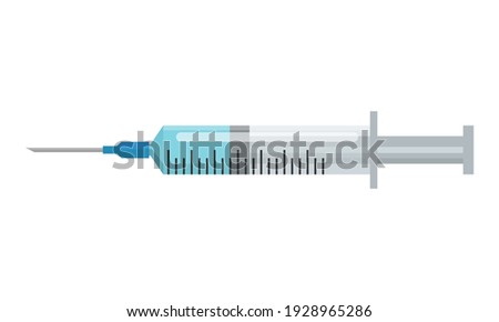 Medical syringe with needle isolated on white background. Syringe filled with blue liquid. Flat vector illustration