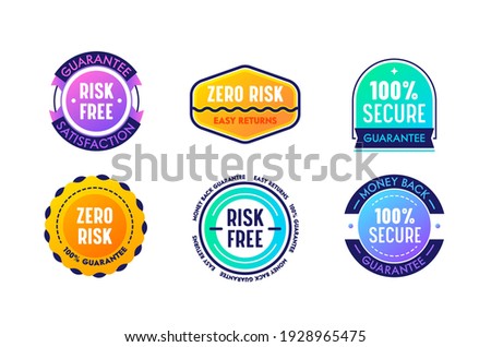 Set of Icons Zero Risk Easy Returns Guarantee Satisfaction, Commercial Labels, Banners. Isolated Marketing Promotion Certificates, Seal Stamps, Excellent Product Warranty Emblems. Vector Illustration