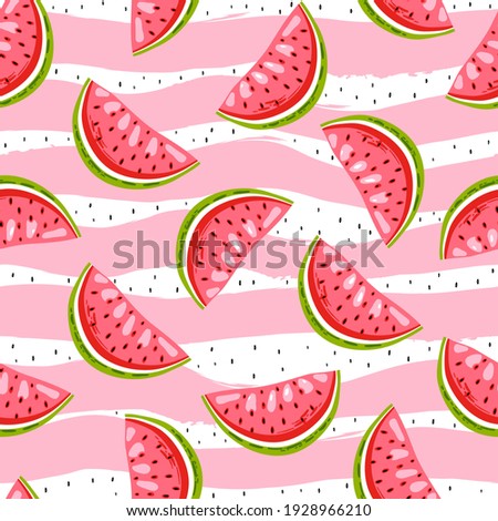 Sweet watermelon on stripes background with black seed. Summer seamless pattern. Bright print for fabric. Royalty-Free Stock Photo #1928966210
