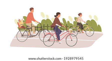 Happy and healthy family with kids cycling in summer. Parents with children riding bikes or bicycles together. Colored flat vector illustration of bonding outdoor activity isolated on white background