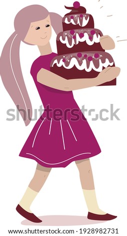 Young woman carrying big cake to birthday party. Lifestyle and hobby. Illustration can be used for cafe menu and food design templates.