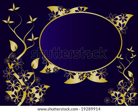 A gold floral  design with room for text on a rich blue background