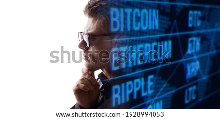 Double exposure portrait of guy on white background. Man in classic suit. Cryptocurrency, finance, business, innovative ideas concept. Futuristic holographic interface to display data.
