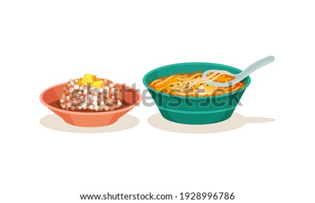 Malaysian Cuisine Dishes Served in Bowl Vector Set