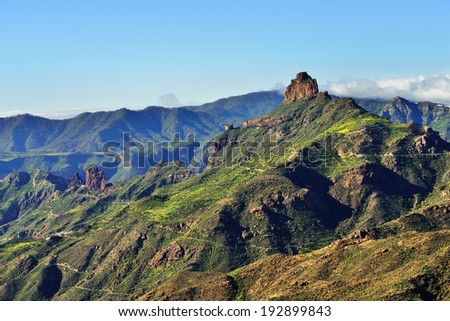 A beautiful view of the Roque Bentayga landmark and one from symbol of Gran Canaria at sunset light, Canary islands, Spain Royalty-Free Stock Photo #192899843