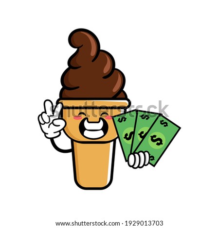 cute ice cream cartoon mascot character funny expression holding money with peace gesture