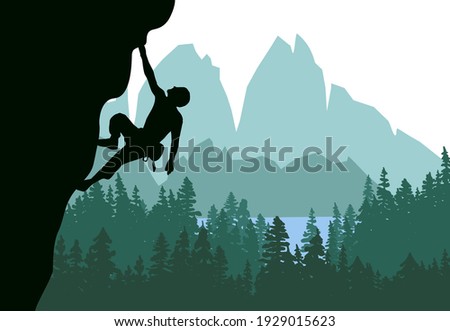 Man climbing rock overhang. Mountains and forest in the background. Silhouette of climber with green background. Illustration.