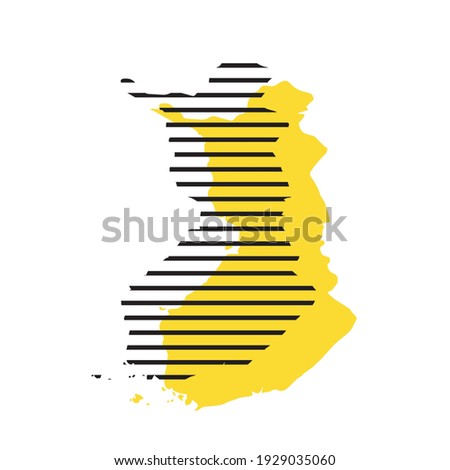 Finland - yellow country silhouette with shifted black stripes. Memphis Milano style design. Slimple flat vector map.