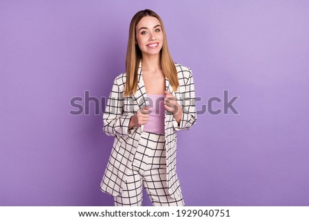 Photo portrait of cheerful business woman in checkered blazer smiling happy isolated on pastel purple color background