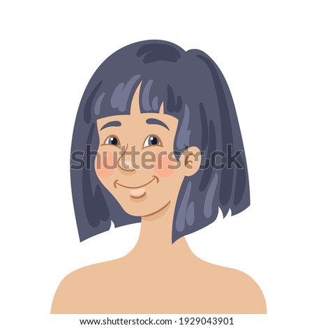 Portrait of a beautiful young smiling Asian girl. In cartoon style. Isolated on white background. Vector flat illustration