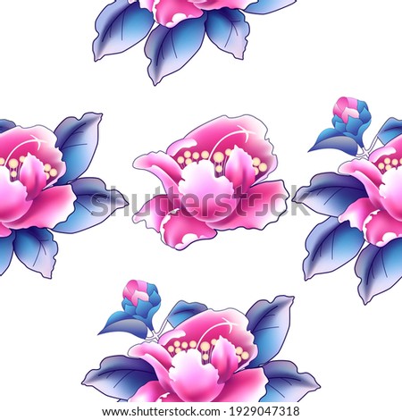 Camellia exotic flower. Seamless pattern in Chinese style. Vector illustration. Use printed materials, signs, objects, websites, maps.