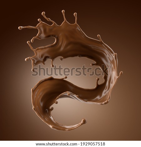 3d render, chocolate splash, cacao drink or coffee, splashing cooking ingredient. Abstract wavy dynamic liquid. Brown beverage clip art isolated on brown background