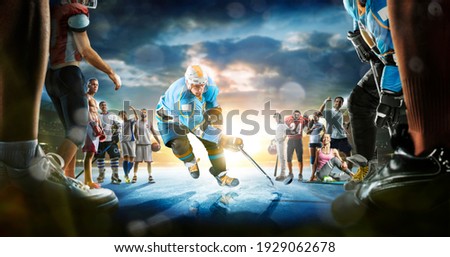 Ice Hockey multi sports grand arena collage boxing basketball soccer football volleyball tennis fitness cycling baseball ice hockey Royalty-Free Stock Photo #1929062678