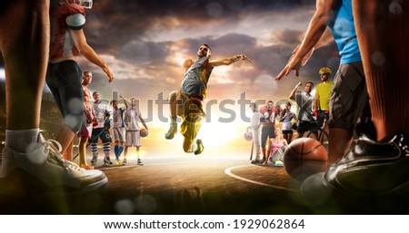 Basketball multi sports grand arena collage boxing basketball soccer football volleyball tennis fitness cycling baseball ice hockey Royalty-Free Stock Photo #1929062864