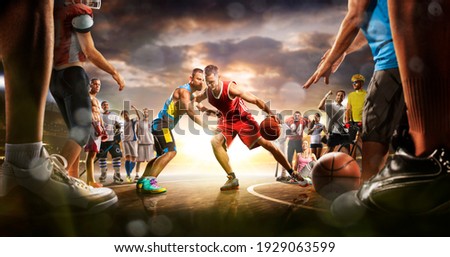 Basketball multi sports grand arena collage boxing basketball soccer football volleyball tennis fitness cycling baseball ice hockey Royalty-Free Stock Photo #1929063599