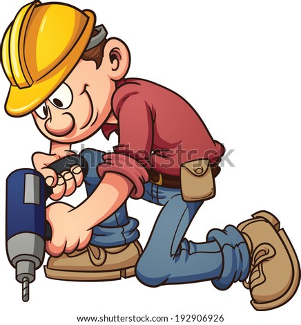 Cartoon construction worker drilling a hole. Vector clip art illustration with simple gradients. All in a single layer.