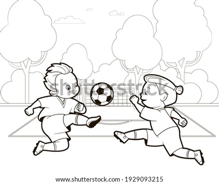 Coloring book; two teenage boys play a soccer ball on the background of a football field. Vector illustration in cartoon style, black and white line art