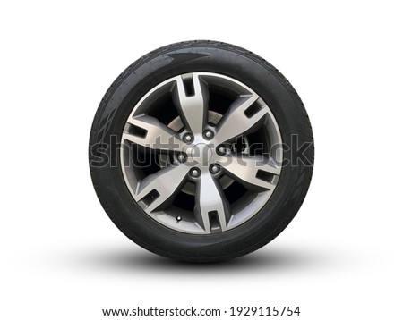 Clipping path. Silver wheel super car isolated on white background view. Magneto wheels. Movement.  Move car. Closeup. Top view. Flat lay view. Royalty-Free Stock Photo #1929115754