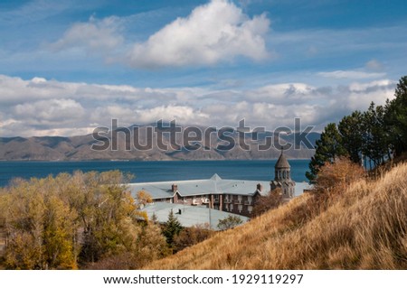 View over the theological seminary and Sevan lake, Armenia