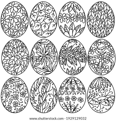 Set of Easter eggs with plant motifs, coloring page with floral and leafy ornaments on holiday attributes vector illustration