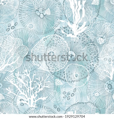 Sea. Abstract seamless pattern on the marine theme on blue watercolor background. Vector. Perfect for design templates, wallpaper, wrapping, fabric and textile. Royalty-Free Stock Photo #1929129704