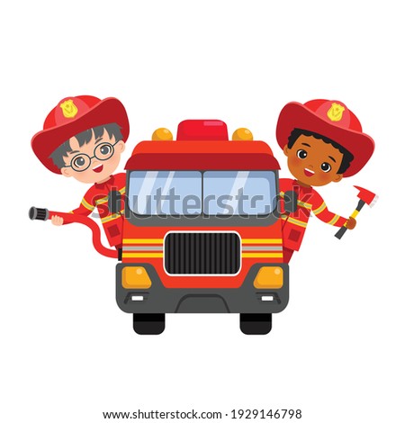 Cute fire fighter boys riding fire truck with hose and axe. Flat vector cartoon isolated.