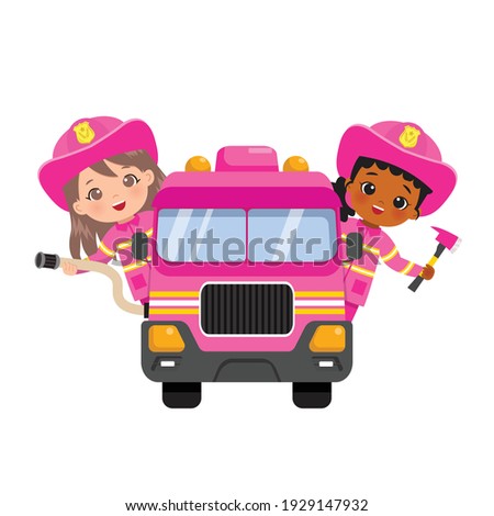 Cute fire fighter girls in uniform riding fire truck. Flat vector cartoon clip art isolated
