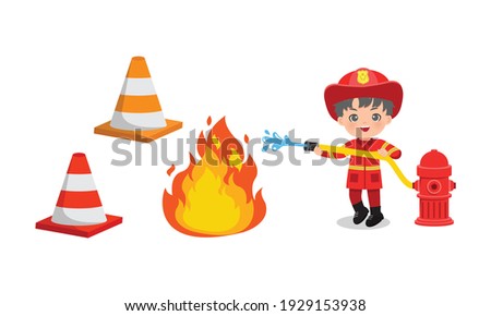 Cute boy in fire fighter uniform extinguish flame with water hose. Flat vector cartoon design isolated