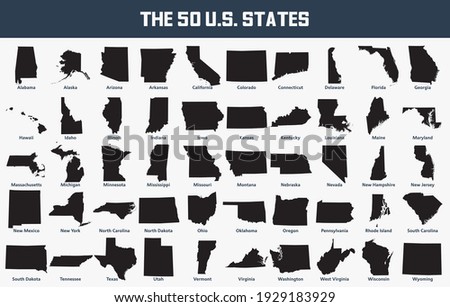 Map set of the United States with its 50 states. Royalty-Free Stock Photo #1929183929