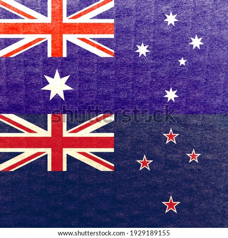 Vintage Australia and New Zealand national flags icon isolated together, abstract Anglo Saxon countries history culture politics friendship relationship concept background