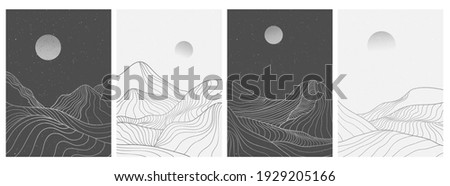 set of creative minimalist modern line art print. Abstract mountain contemporary aesthetic backgrounds landscapes. with mountain, forest, sea, skyline, wave. vector illustrations Royalty-Free Stock Photo #1929205166