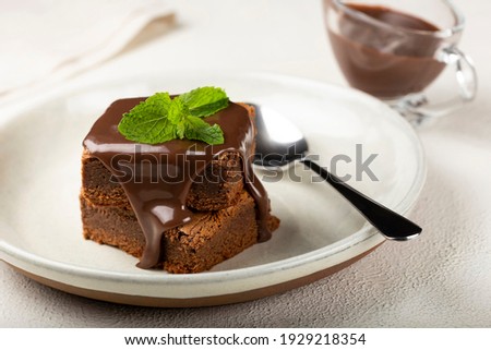 Chocolate brownies with chocolate sauce and mint leaves. Image with selective focus.