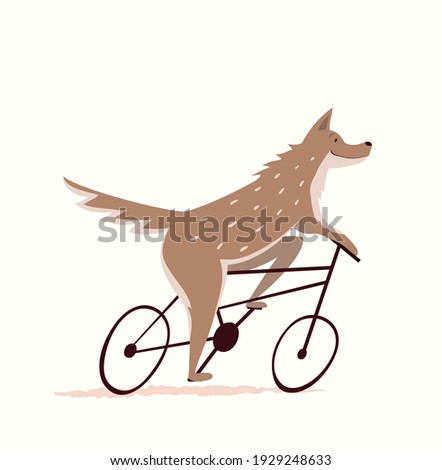 Wolf or dog riding bicycle design for kids, nursery design, cycling or racing symbol. Funny and cute animal print for textile, t shirt or cards for children. Hand drawn cartoon.