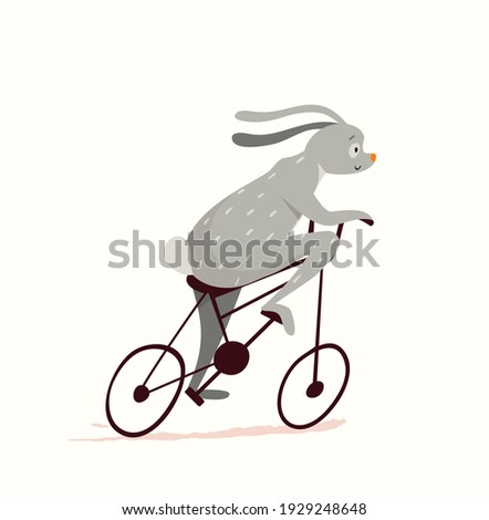 Rabbit or bunny riding bicycle design for kids, nursery design, cycling or racing symbol. Funny and cute animal print for textile, t shirt or cards for children. Hand drawn cartoon.