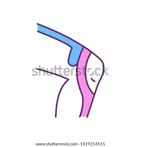 Applying kinesio tape for knee pain RGB color icon. Kneecap support. Effective pain relief. Stretchy sports tape. Stabilizing joints and muscles. Taping technique. Isolated vector illustration