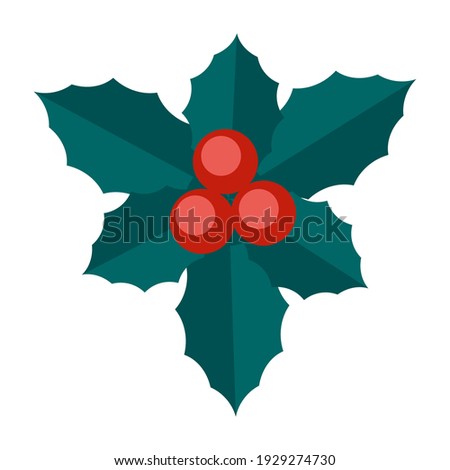 Green branch Christmas mistletoe with leaves and red berries. Floral collection of colorful elegant plants for seasonal decoration. Stylized icons of botany. Stock vector simple illustration Royalty-Free Stock Photo #1929274730