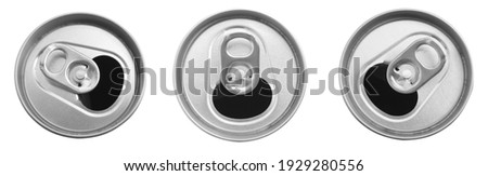 Close up of aluminum can on a top view isolated​ on​ white​ background.​ , soda can white and black. Open can Royalty-Free Stock Photo #1929280556