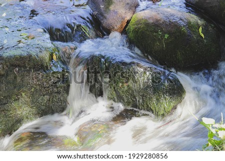 a rushing stream of water on a small waterfall of a forest river beautiful nature landscape. travel theme