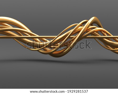 Golden abstract wavy shapes background. 3d render illustration