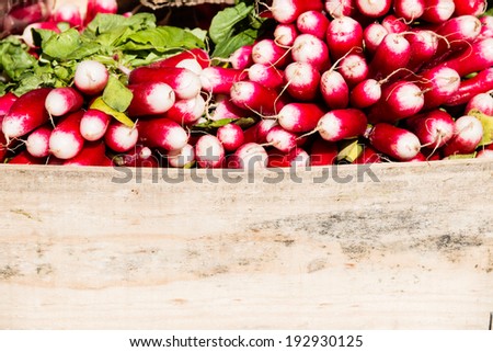 Picture of fresh cultivated garden radish in a wooden box taken at an organic French farmer's market