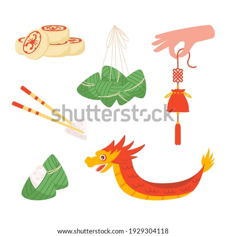 Set of illustrations about dragon festival Duanwu with traditional food - dumplings, five poison cake, perfume pouch and boat