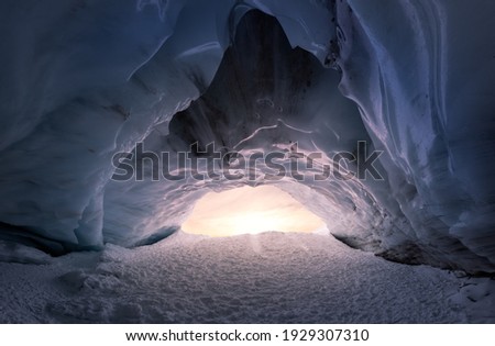 Whistler, British Columbia, Canada. Beautiful View of the Ice Cave in the Alpines on top of Blackcomb Mountain. Nature Background Panorama. Sunset Sky Art Render.