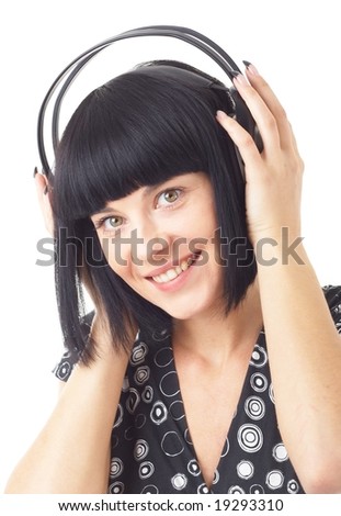 Smiling woman wearing headphones,  isolated on white background