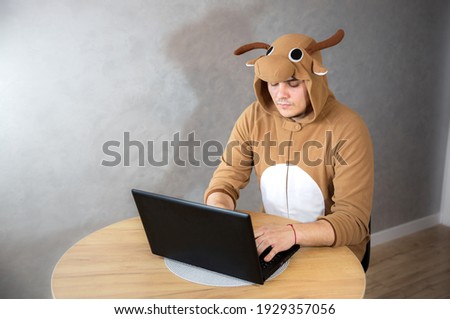 Office worker in cosplay costume of a cow. Guy in the funny animal pyjamas sleepwear near the laptop. Man is working from home. Search job, unemployment  concept, economy crisis. Remote work.