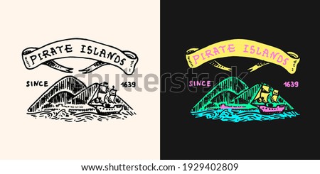 Pirate Treasure Island with Ribbon logo. Marine and nautical or sea, ocean emblem for sticker or t-shirt. Engraved drawn, old label or badge.