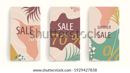 Vector template for social media posts, stories, banners, mobile apps, web, advertising. Modern design with copy space for text, abstract organic shapes, leaves, berries. Trendy warm pastel colors