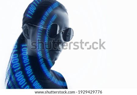 Double exposure portrait of woman and futuristic holographic interface to display data. Female using VR glasses. Future technology, business, innovative ideas, finance concept. White background.