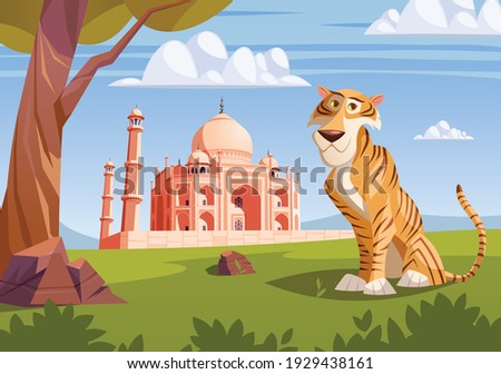 Indian tiger and Taj Mahal in background cartoon vector  illustration Royalty-Free Stock Photo #1929438161