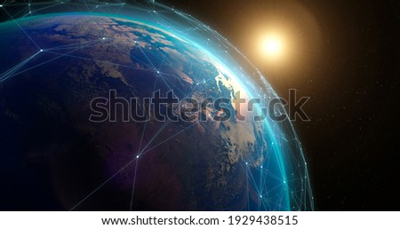 Space view of planet Earth covered with digital connections among artificial satellites transmitting data Royalty-Free Stock Photo #1929438515
